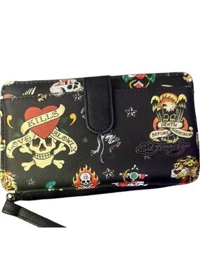 Ed Hardy Black Tattoo-Graphic Zip Wrist Wallet